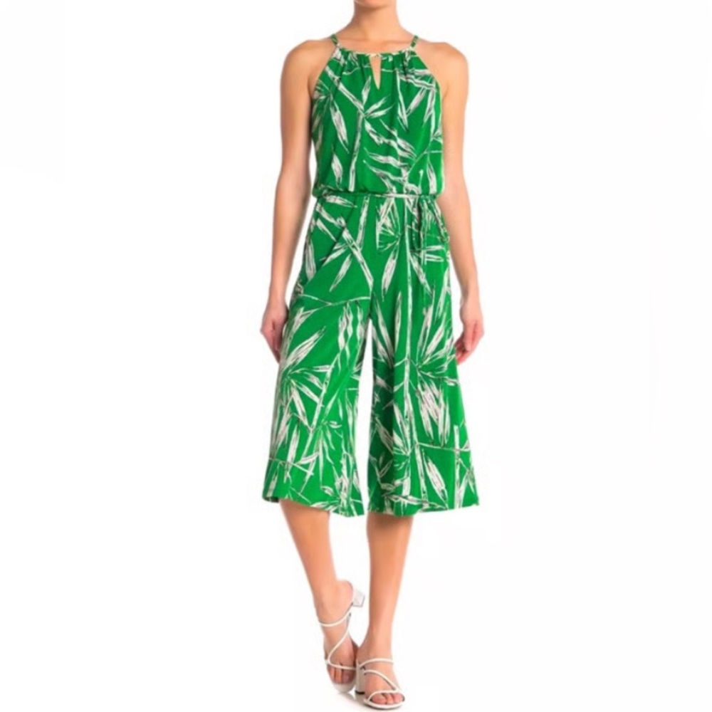 London Times Green Tropical Leaf Culotte Jumpsuit Sz 16
